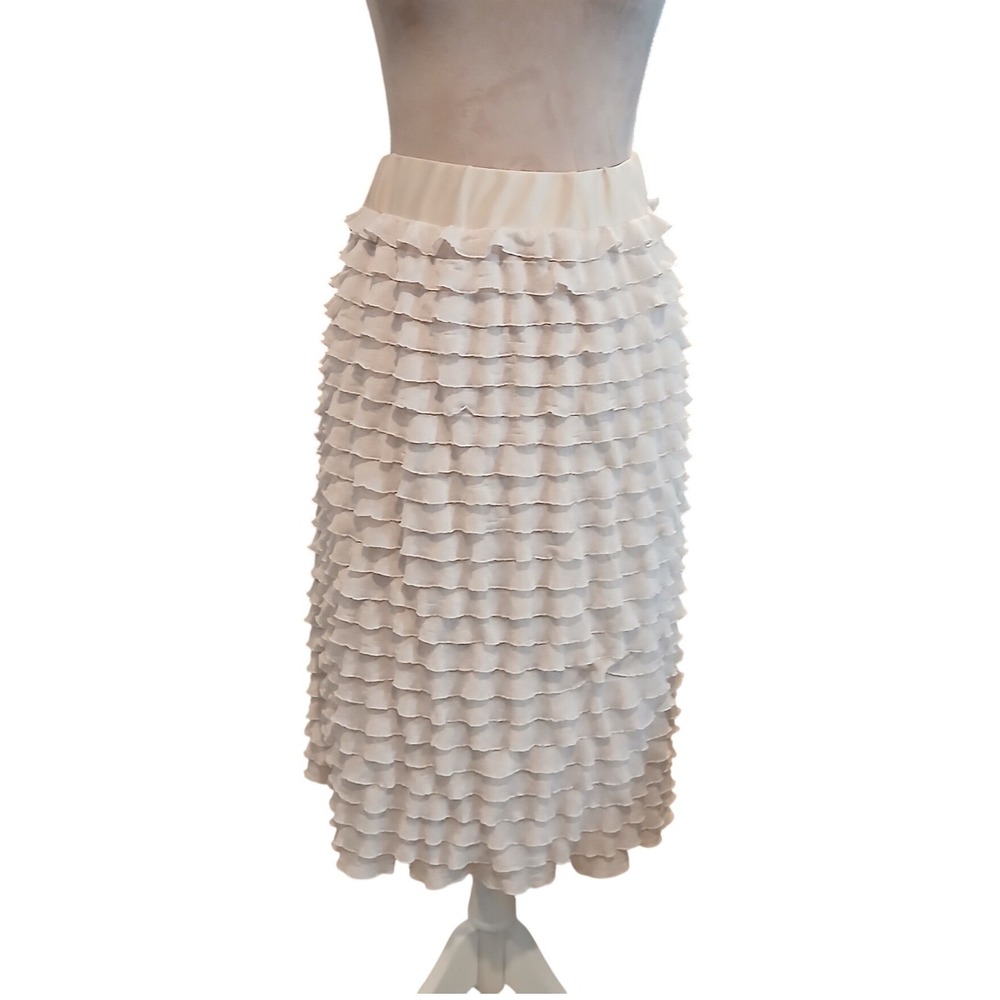 Tiered Ruffle Midi Skirt Cream Off White Elastic Waist Boho Textured Layered 16